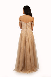 'STORM' Off Shoulder Lace Tulle Empire Dress | Antique Gold