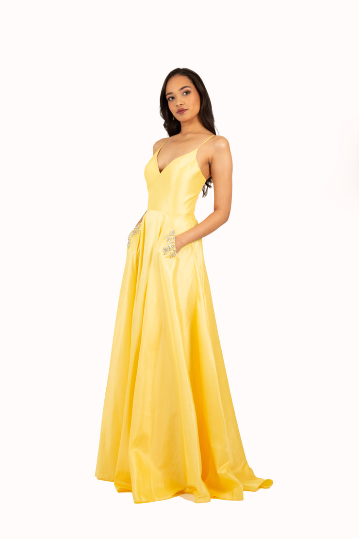 'LONDON' Sweetheart Tafetta Empire Beaded Pockets | Yellow