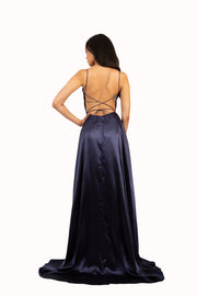 'AMELIA' Adjustable Strap Open Back Satin Empire | Midnight Navy