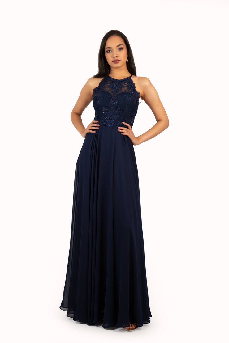 'FARRAH' Beaded Lace High Neck Chiffon Empire | Navy