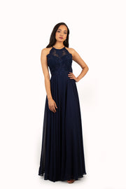 'FARRAH' Beaded Lace High Neck Chiffon Empire | Navy