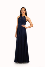 'FARRAH' Beaded Lace High Neck Chiffon Empire | Navy