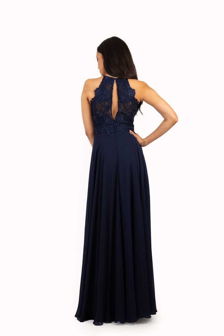 'FARRAH' Beaded Lace High Neck Chiffon Empire | Navy