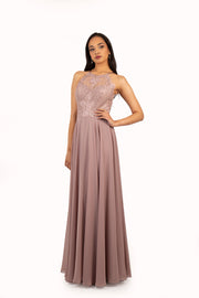 'FARRAH' Beaded Lace High Neck Chiffon Empire | Mauve