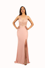 'BELLA' Beaded Lace Open Back Jersey Fitted Gown | Blush