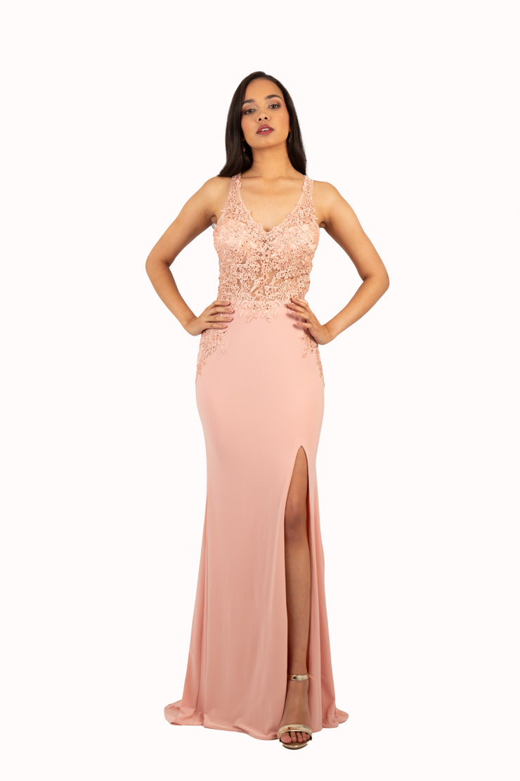 'BELLA' Beaded Lace Open Back Jersey Fitted Gown | Blush