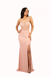 'BELLA' Beaded Lace Open Back Jersey Fitted Gown | Blush