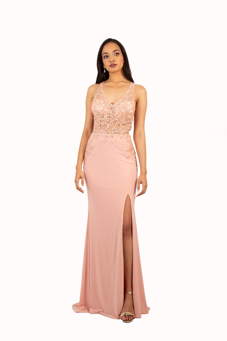 'BELLA' Beaded Lace Open Back Jersey Fitted Gown | Blush