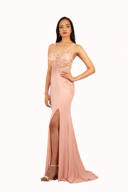 'BELLA' Beaded Lace Open Back Jersey Fitted Gown | Blush