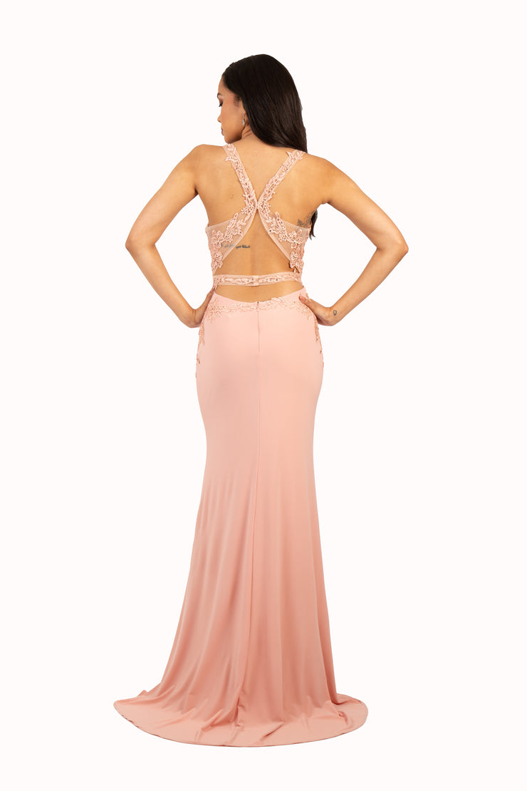 'BELLA' Beaded Lace Open Back Jersey Fitted Gown | Blush