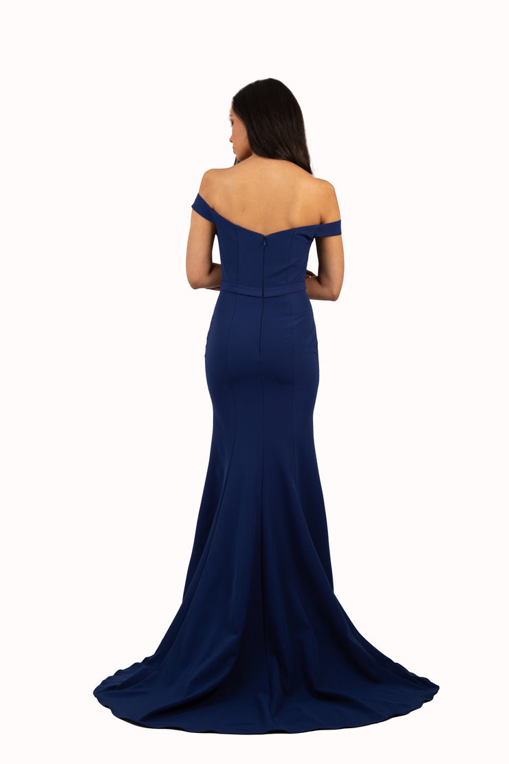 'TYRA' Off Shoulder Jersey Fitted Mermaid Train | Navy