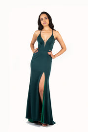 'PENELOPE' Satin Jersey V-Neck Open Back Fitted | Emerald