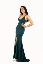 'PENELOPE' Satin Jersey V-Neck Open Back Fitted | Emerald