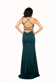 'PENELOPE' Satin Jersey V-Neck Open Back Fitted | Emerald