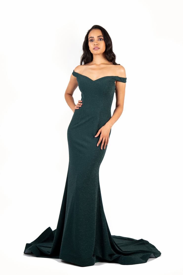 'CATHERINE' Off Shoulder Glitter Jersey Fitted Train | Emerald Green