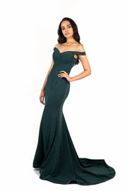 'CATHERINE' Off Shoulder Glitter Jersey Fitted Train | Emerald Green