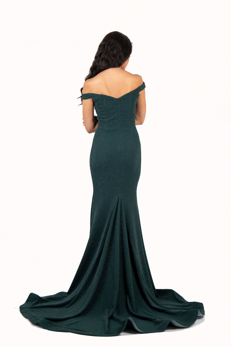 'CATHERINE' Off Shoulder Glitter Jersey Fitted Train | Emerald Green