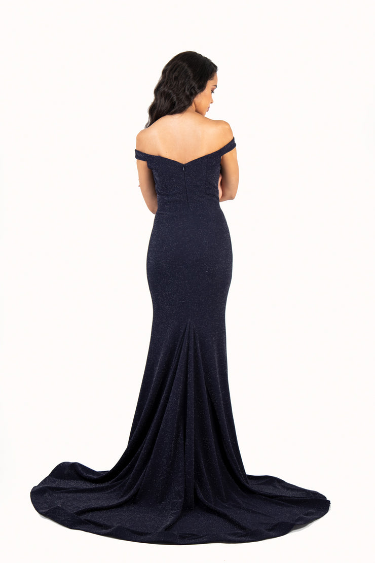 'CATHERINE' Off Shoulder Glitter Jersey Fitted Train | Midnight Navy