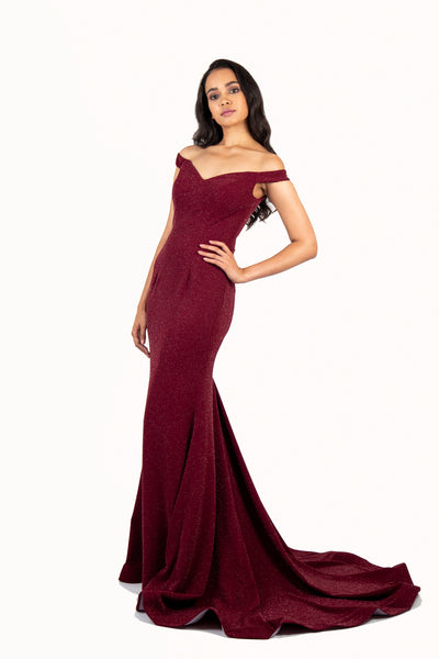 'CATHERINE' Off Shoulder Glitter Jersey Fitted Train | Burgundy