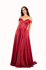 'BELLE' Off Shoulder Sweetheart Empire Train | Wine Red