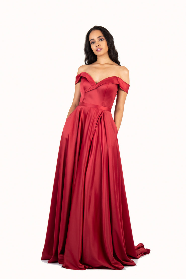 'BELLE' Off Shoulder Sweetheart Empire Train | Wine Red