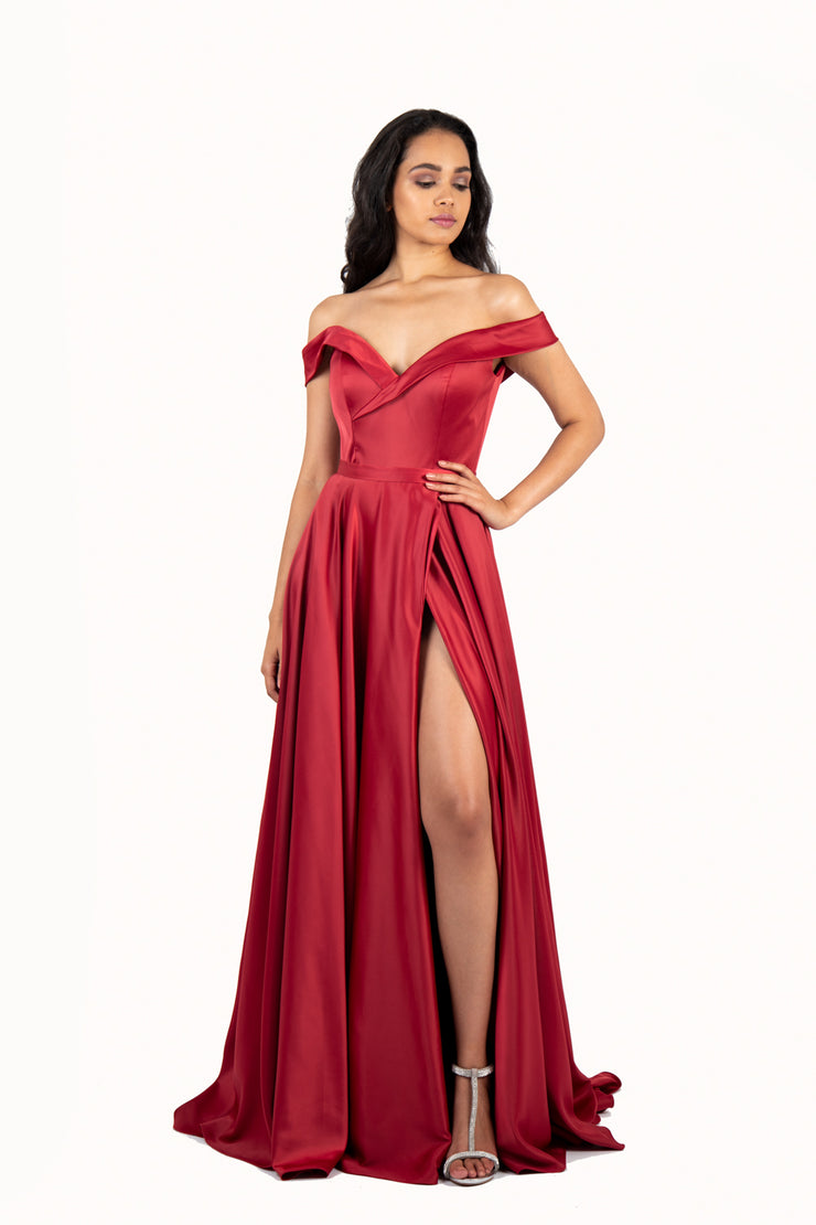 'BELLE' Off Shoulder Sweetheart Empire Train | Wine Red