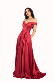 'BELLE' Off Shoulder Sweetheart Empire Train | Wine Red