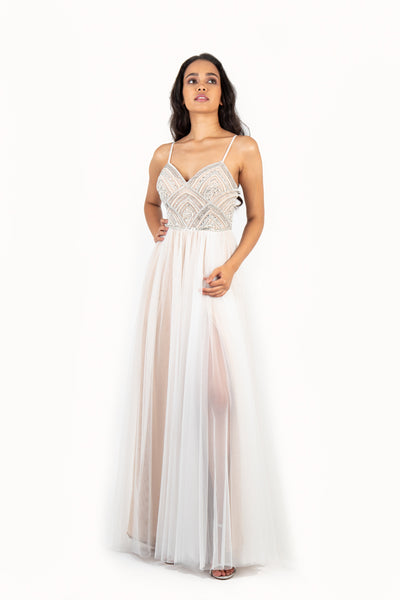 'ANGEL' Beaded Sweetheart Strap Tulle Empire Dress | White Nude