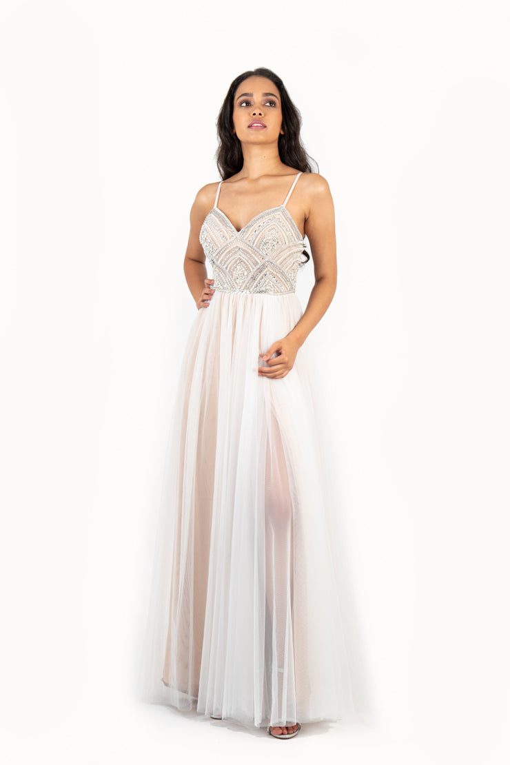 'ANGEL' Beaded Sweetheart Strap Tulle Empire Dress | White Nude