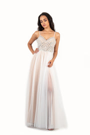 'ANGEL' Beaded Sweetheart Strap Tulle Empire Dress | White Nude