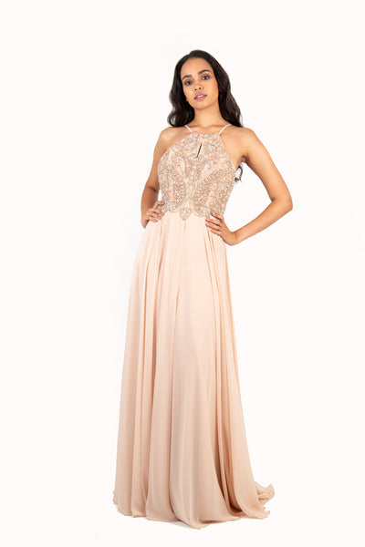 'LINNE' Beaded High Neck Chiffon Open Back Dress | Nude Blush