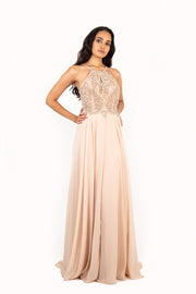 'LINNE' Beaded High Neck Chiffon Open Back Dress | Nude Blush