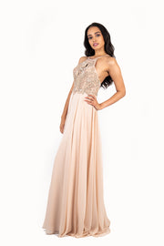 'LINNE' Beaded High Neck Chiffon Open Back Dress | Nude Blush