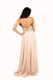 'LINNE' Beaded High Neck Chiffon Open Back Dress | Nude Blush