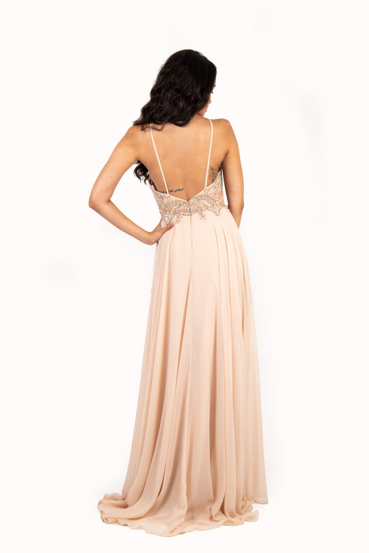 'LINNE' Beaded High Neck Chiffon Open Back Dress | Nude Blush