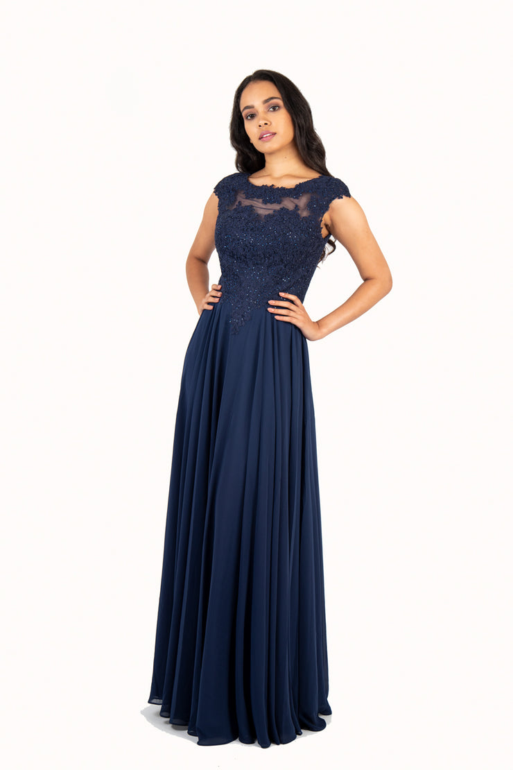 'KATE' Lace Applique Cap Sleeve Chiffon Empire | Navy