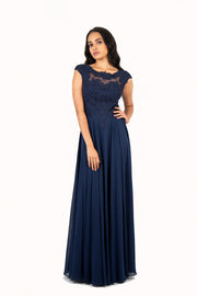 'KATE' Lace Applique Cap Sleeve Chiffon Empire | Navy