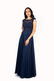 'KATE' Lace Applique Cap Sleeve Chiffon Empire | Navy