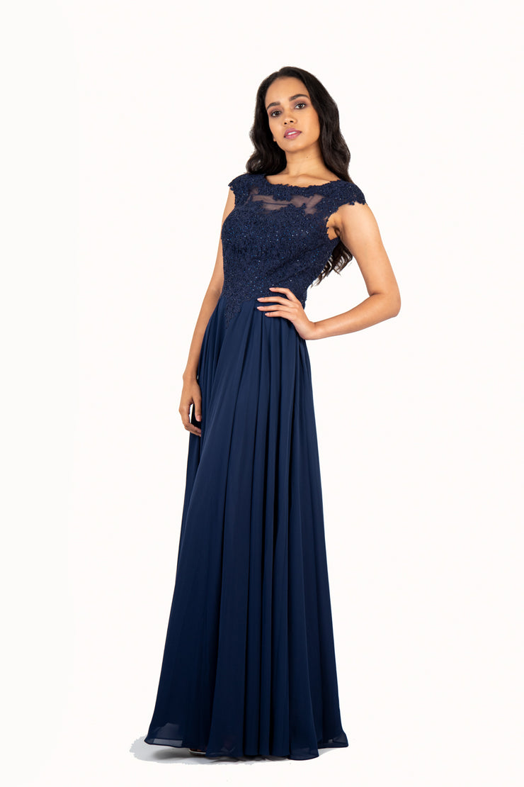 'KATE' Lace Applique Cap Sleeve Chiffon Empire | Navy