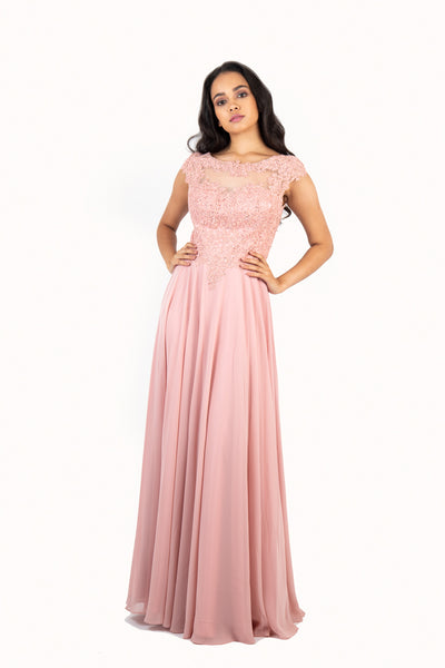 'KATE' Lace Applique Cap Sleeve Chiffon Empire | Blush