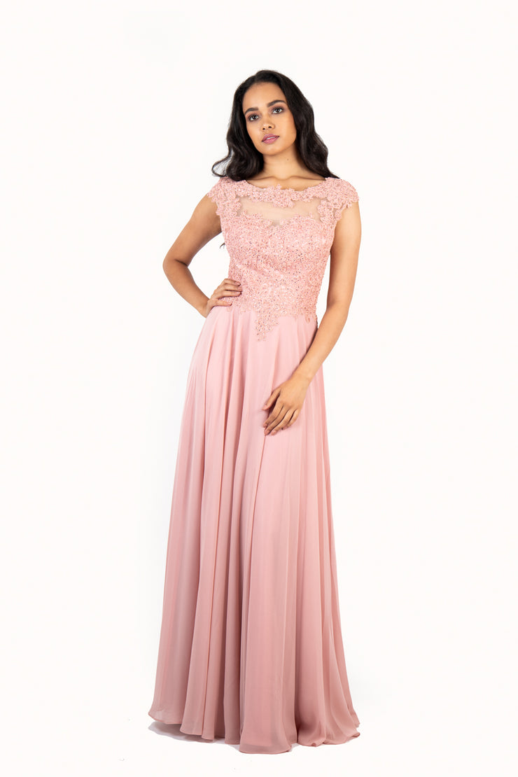 'KATE' Lace Applique Cap Sleeve Chiffon Empire | Blush