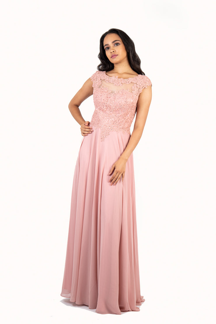 'KATE' Lace Applique Cap Sleeve Chiffon Empire | Blush