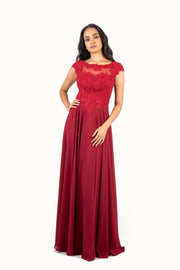 'KATE' Lace Applique Cap Sleeve Chiffon Empire | Wine Red