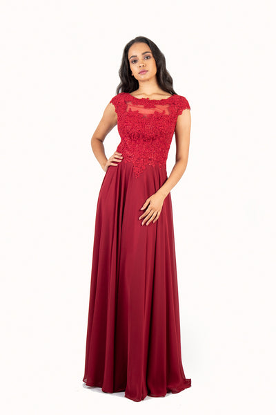 'KATE' Lace Applique Cap Sleeve Chiffon Empire | Wine Red