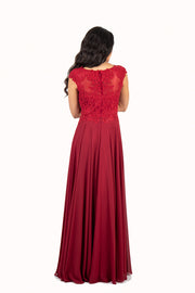 'KATE' Lace Applique Cap Sleeve Chiffon Empire | Wine Red