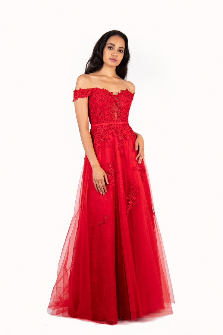 'STORM' Off Shoulder Lace Applique Tulle Empire Dress | Red