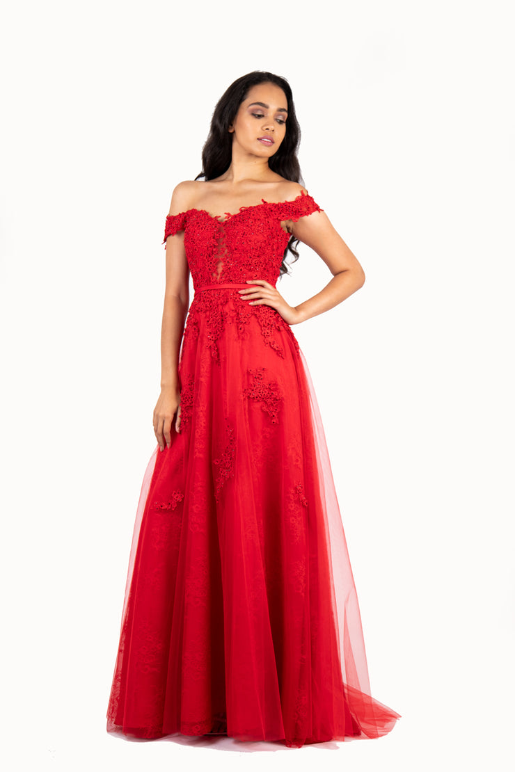 'STORM' Off Shoulder Lace Applique Tulle Empire Dress | Red