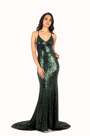 'MINX' Sequin V-Neck Open Back Fitted Train | Emerald