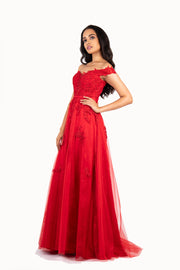 'STORM' Off Shoulder Lace Applique Tulle Empire Dress | Red