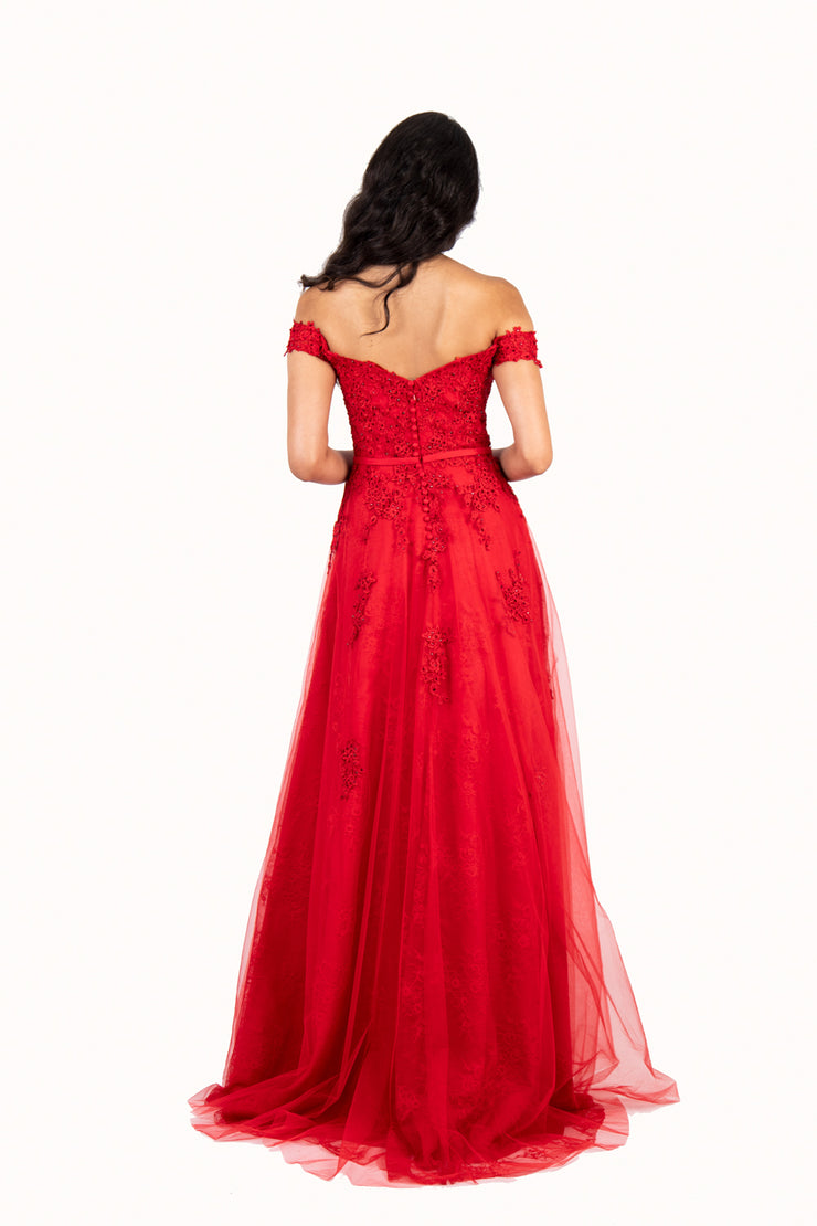 'STORM' Off Shoulder Lace Applique Tulle Empire Dress | Red